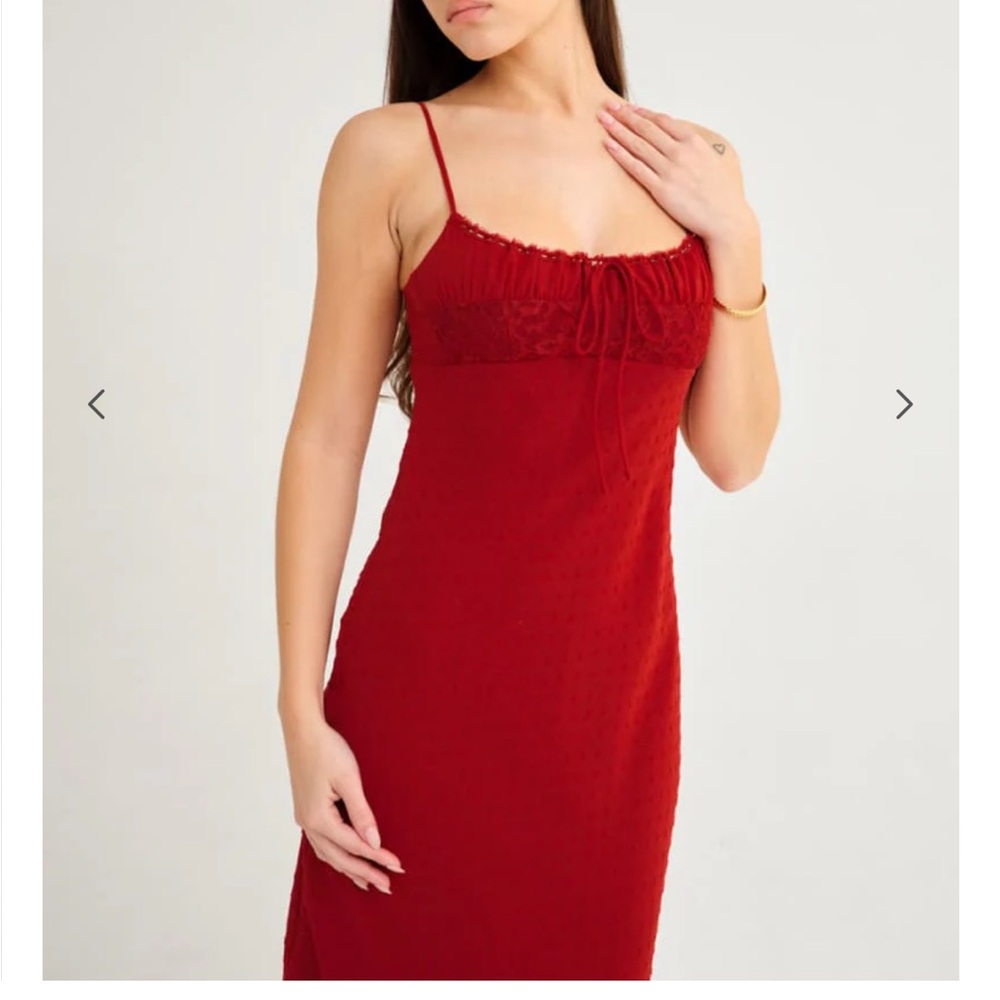 Rumored Red Midi Dress with Lace Detail